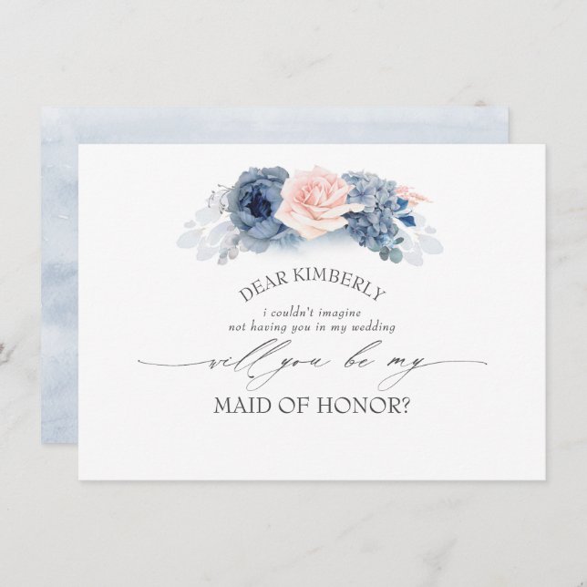 Blue Pink Floral Maid of Honour/Bridesmaid Proposa Invitation (Front/Back)