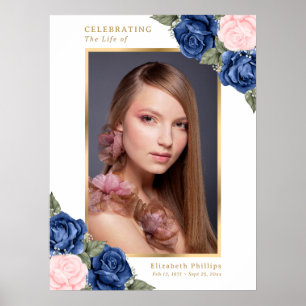 Blue Pink Floral Memorial Funeral Photo Sign