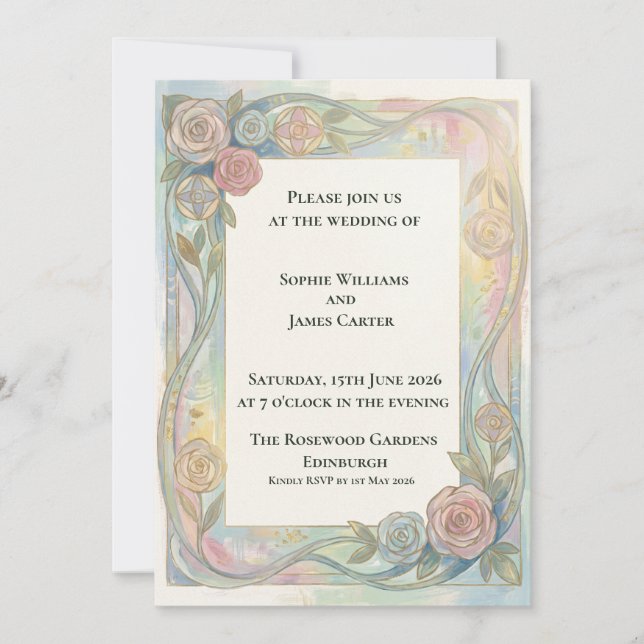 Blue Pink Floral Nouveau Wedding Invitation (Front)