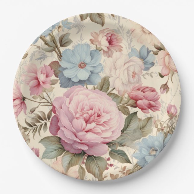 Blue Pink Floral Paper Plate (Front)