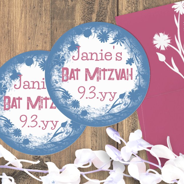 Blue Pink Floral Personalised Bat Mitzvah Stickers (round blue and pink vintage bat mitzvah party favor stickers personalized labels girls birthday)