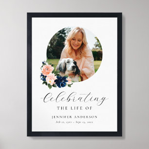 Blue Pink Floral Photo Memorial Funeral Sign