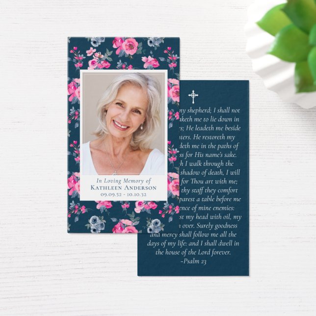 Blue Pink Floral Photo Memorial Prayer Card (Desk)