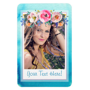 Blue Pink Floral Photo Template Custom Saying Magnet