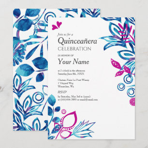 Blue, Pink Floral Quinceañera Invitation