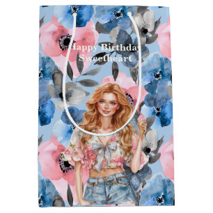 Blue Pink Floral Red Hair Girl Birthday Medium Gift Bag