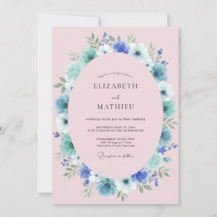 Blue Pink Floral Romance Wedding Invitation