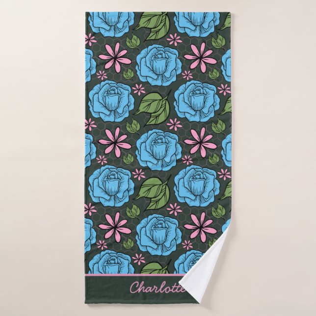 Blue pink floral seamless pattern personalised  bath towel (Bath Towel)