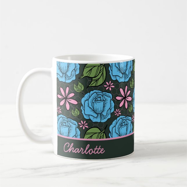 Blue pink floral seamless pattern personalised coffee mug (Left)
