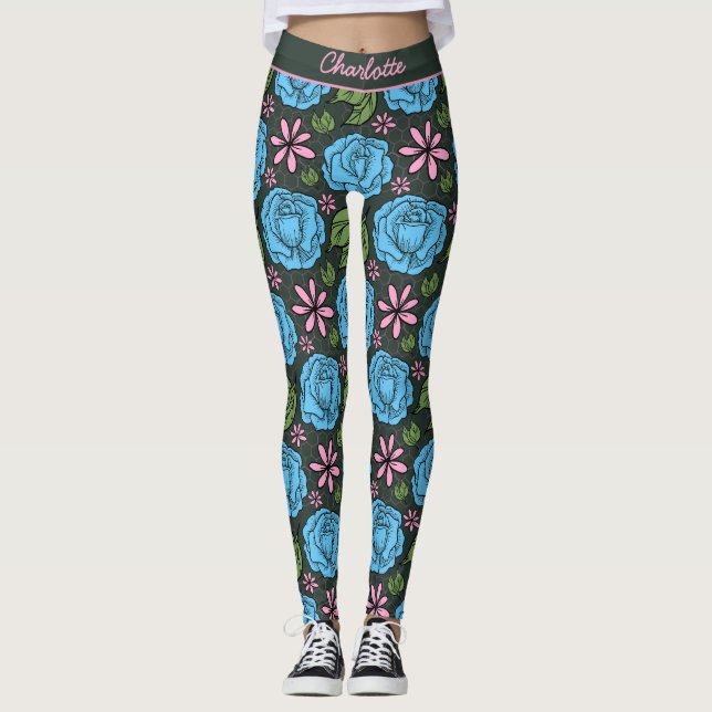 Blue pink floral seamless pattern personalised  leggings (Front)
