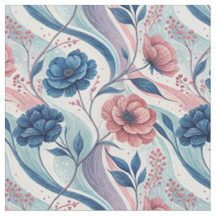 Blue & Pink Floral Swirls Botanical Pattern Art Fabric