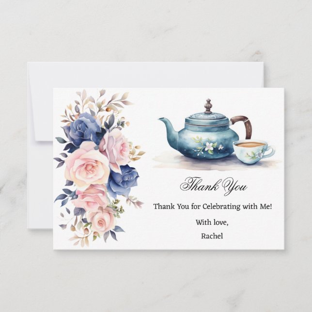 Blue & Pink Floral Tea Party Bridal Shower  Thank You Card (Front)