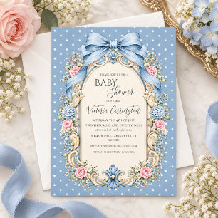 Blue Pink Floral Vintage Baby Shower Invitation