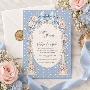 Blue Pink Floral Vintage Gazebo Baby Shower Invitation