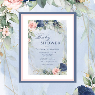 Blue & Pink Floral Watercolor Baby Shower Invitation