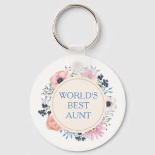 Blue Pink Floral White World's Best Aunt Key Ring