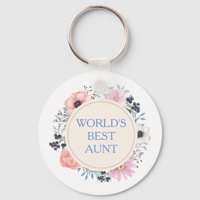 Blue Pink Floral White World's Best Aunt Key Ring (Front)