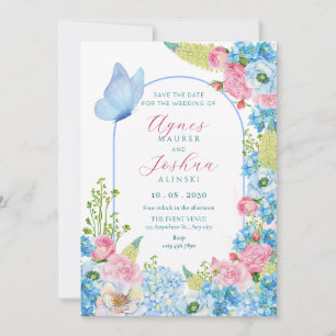 Blue pink flower bloom butterfly wedding save the date