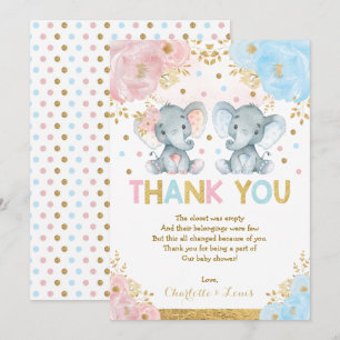 Blue Pink Flower Elephant Boy Girl Baby Shower Thank You Card