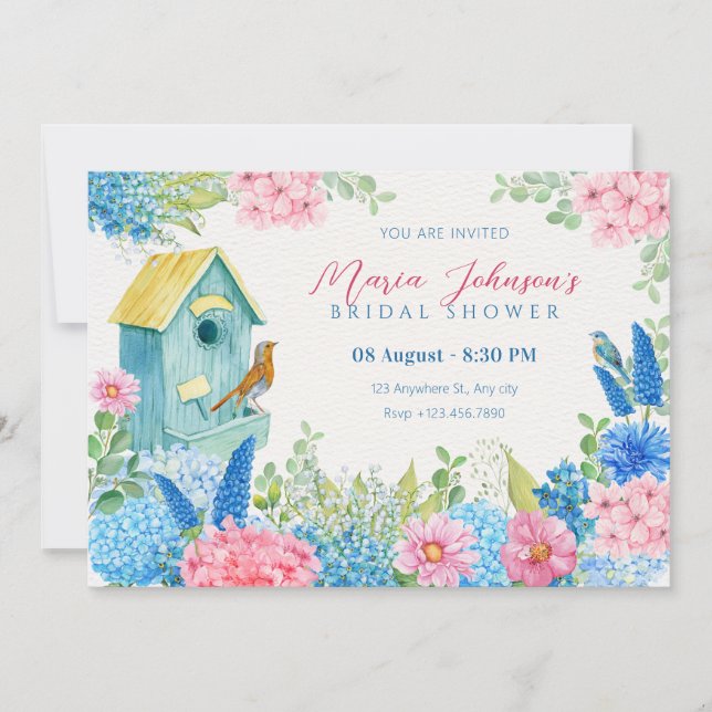 Blue pink flowers bird  invitation (Front)