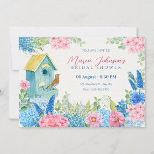 Blue pink flowers bird  invitation