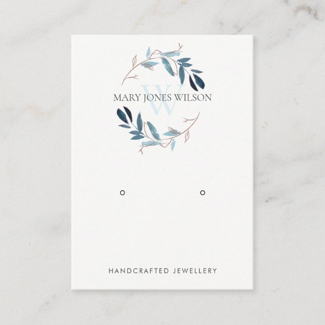 BLUE PINK FOLIAGE MONOGRAM EARRING DISPLAY LOGO BUSINESS CARD (Front)