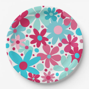 Blue & pink funky flowers paper plates
