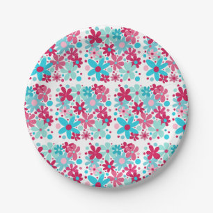 Blue & pink funky flowers paper plates. paper plate