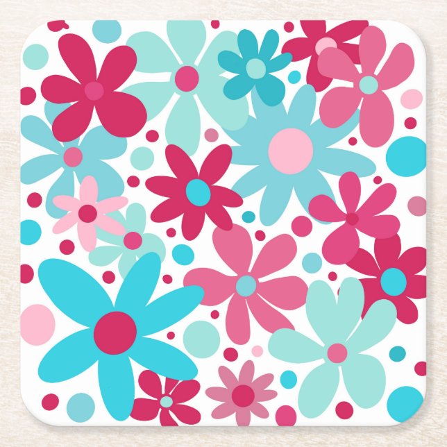 Blue & pink funky flowers  square paper coaster (Front)