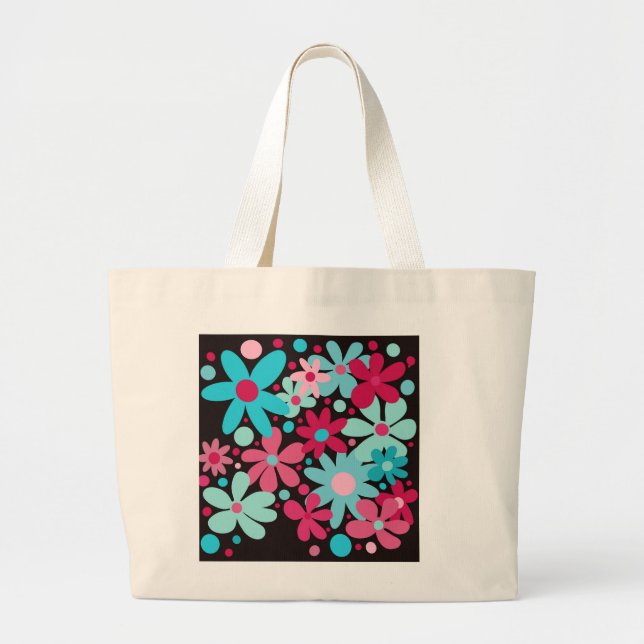 Blue & pink funky flowers tote bag. (Front)