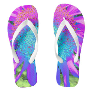 Blue pink funky retro sunflower photo thongs