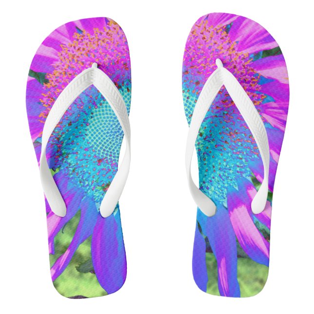 Blue pink funky retro sunflower photo thongs (Footbed)