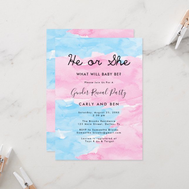 Blue & Pink Gender Reveal Party Invitation  (Front/Back In Situ)