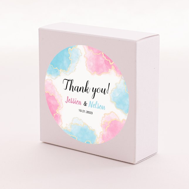 Blue pink gender reveal party round stickers (Creator Uploaded)