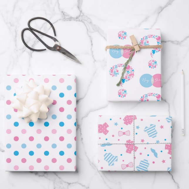 Blue Pink Gender Reveal Wrapping Paper Sheets (Front)