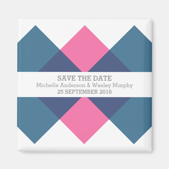 Blue Pink Geometric Triad Save the Date Magnet (Front)
