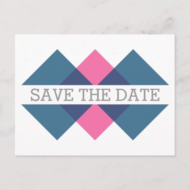 Blue Pink Geometric Triad Save the Date Postcard (Front)
