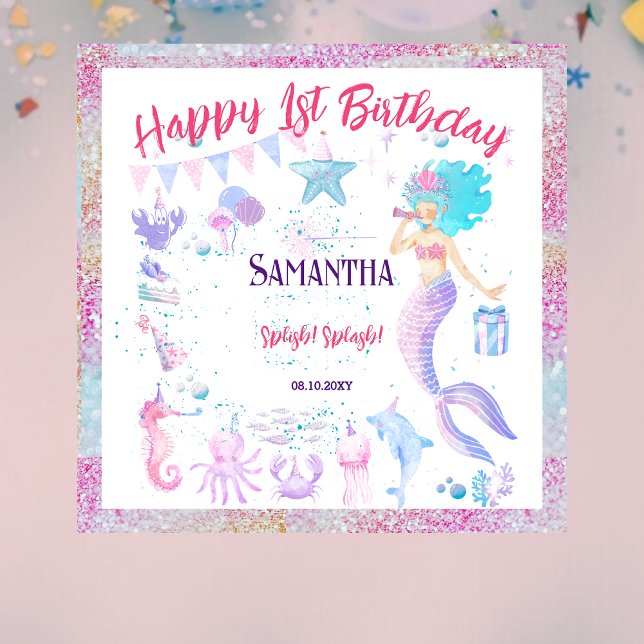 Blue Pink Girl Mermaid Party 1st Birthday Backdrop Tapestry (Creator Uploaded)