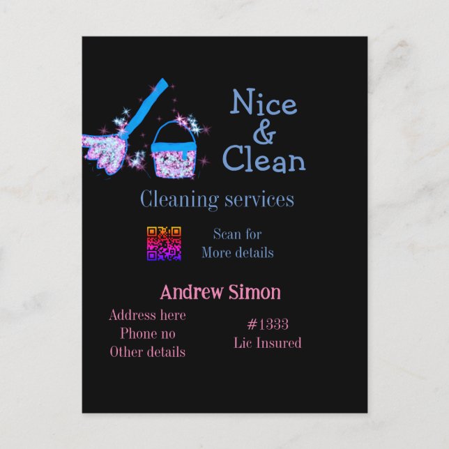 Blue pink glitter clean mop add name address q r b postcard (Front)