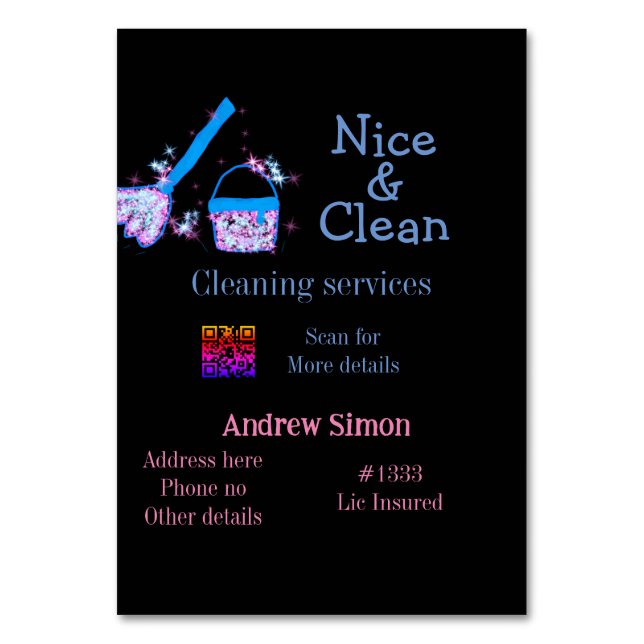 Blue pink glitter clean mop add name address q r b table number (Front)