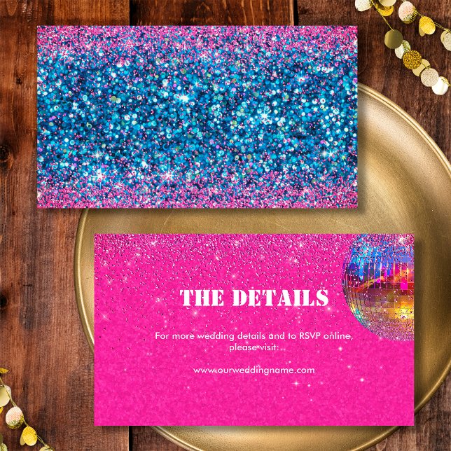 Blue Pink Glitter Disco Wedding Details Website Enclosure Card (Front / Back)
