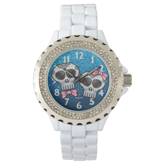 Blue Pink Glitter Modern Valentine Sugar Skull Watch (Front)