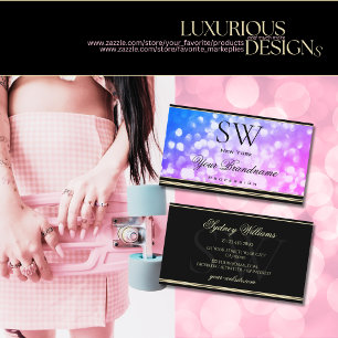 Blue Pink Glitter Monogram Black and Golden Border Business Card