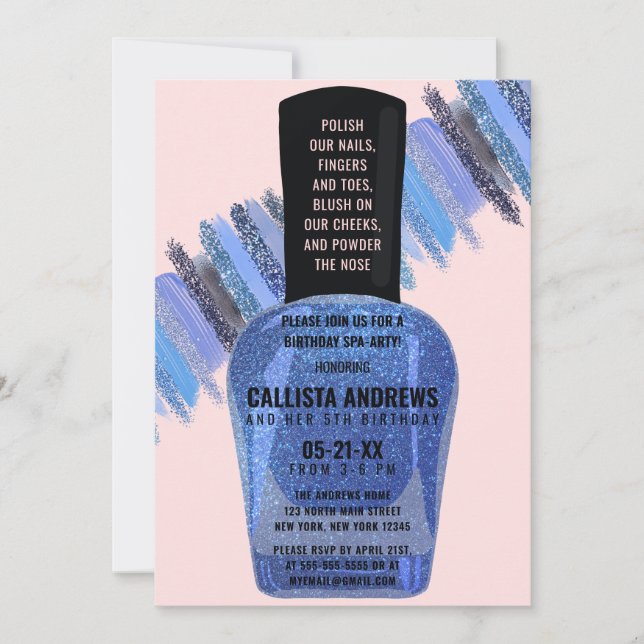 Blue Pink Glitter Nail Polish Spa Day Birthday Invitation (Front)