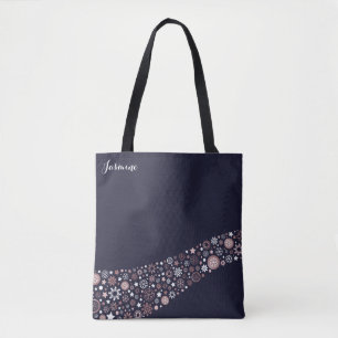 Blue, pink gold and white winter chic snowflakes tote bag
