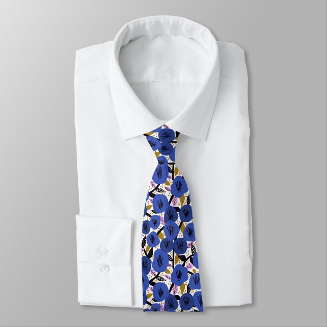 Blue Pink Gold Floral Pattern  Tie (Tied)