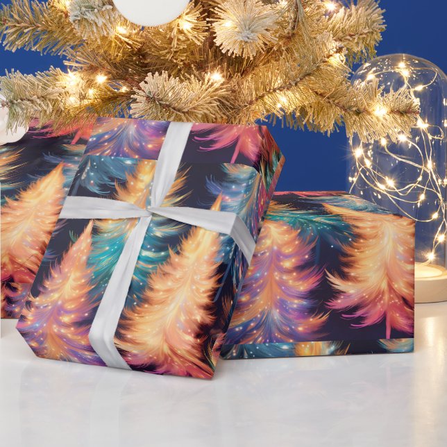 Blue Pink Gold Light Trees Modern Christmas Wrapping Paper (Holidays)