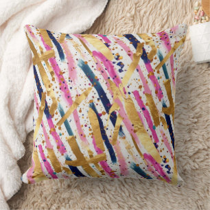 Blue Pink Gold Paint Stripes Abstract Pattern Cushion