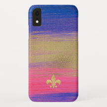 Blue, PInk, Gold Painted Canvas with Fleur de lis