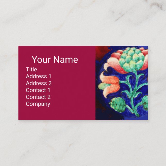 BLUE PINK GREEN FLORAL Fantasy Flower Cherry Red Business Card (Front)